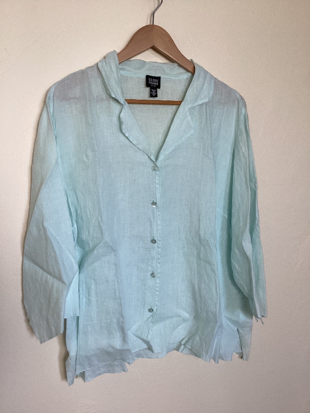 Eileen Fisher 100% Irish Linen 3/4 sleeve button down aqua women minimal size 1X